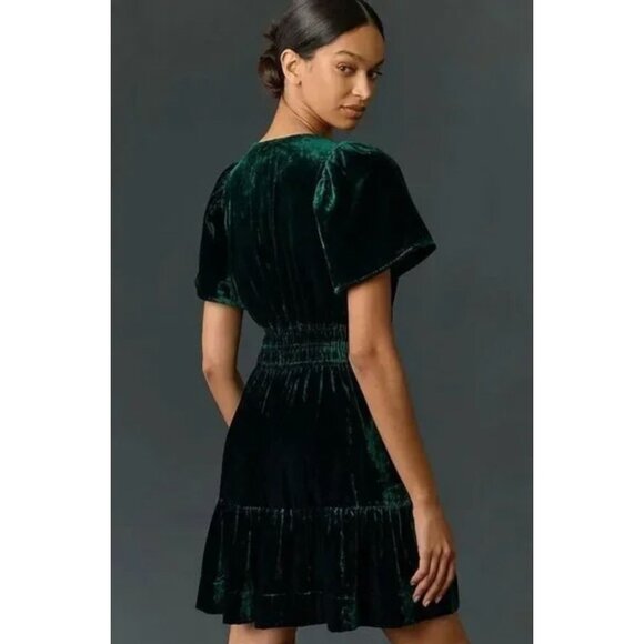 Anthropologie Somerset Mini Dress Tiered Dark Green Velvet Large - Picture 4 of 14